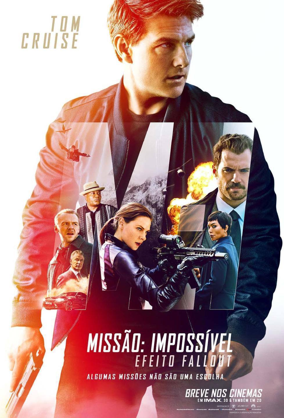 Tom Cruise em primer plano com cenas de ação e elenco em composição de colagem publicitária do filme Missão Impossível.