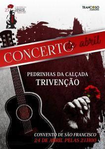 Cartaz de concerto apresentando Pedrinhas da Calçada Trivencão, com guitarra acústica e flor vermelha, evento no Convento de São Francisco a 24 de Abril.