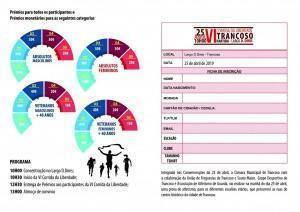 Tabela de prémios em dinheiro para participantes de várias categorias, formulário de inscrição e programa da VI Corrida da Liberdade em Trancoso a 25 de abril de 2019.