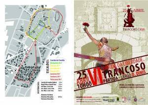 Cartaz e mapa da Corrida da Liberdade de 25 de Abril em Trancoso, com percursos coloridos marcados e figura em traje tradicional a hastear flor vermelha.