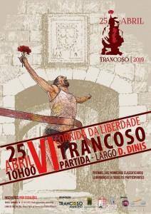 Cartaz da 25ª Corrida da Liberdade de 2019 em Trancoso, com figura de atleta em movimento cruzando a meta.