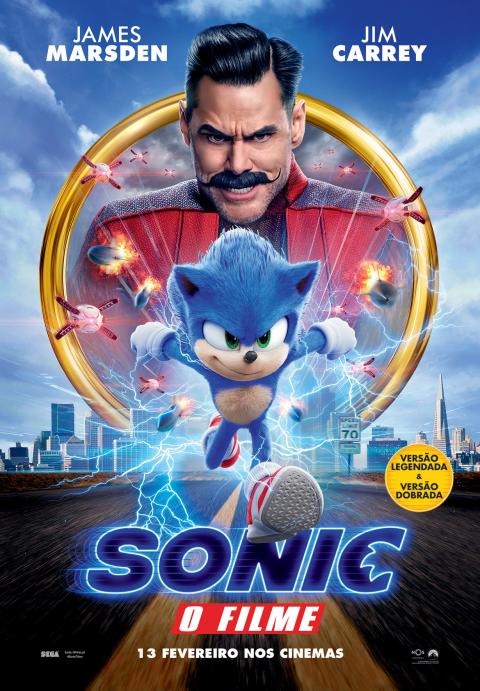 Pôster de Sonic com James Marsden e Jim Carrey. Sonic azul no centro, rodeado de efeitos elétricos, com um homem de bigode e roupa vermelha na parte superior, cidade ao fundo e moldura dourada.