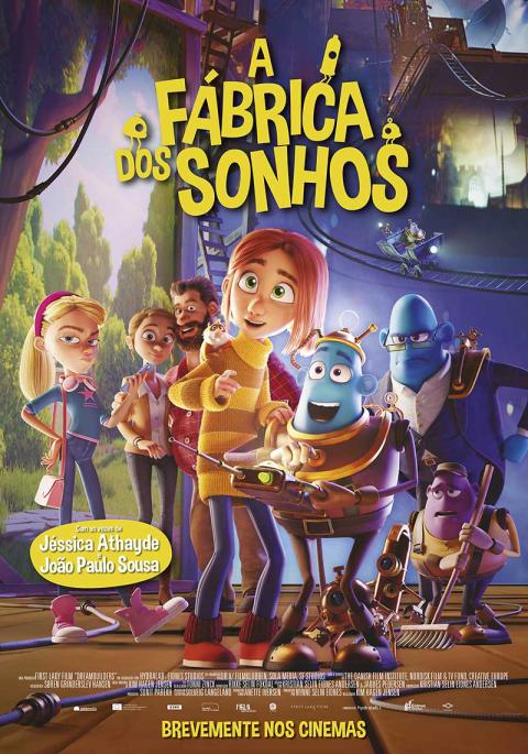 Cartaz do filme animado A Fábrica dos Sonhos, com personagens coloridos numa cenário industrial nocturno, texto em amarelo e silhuetas em primeiro plano.