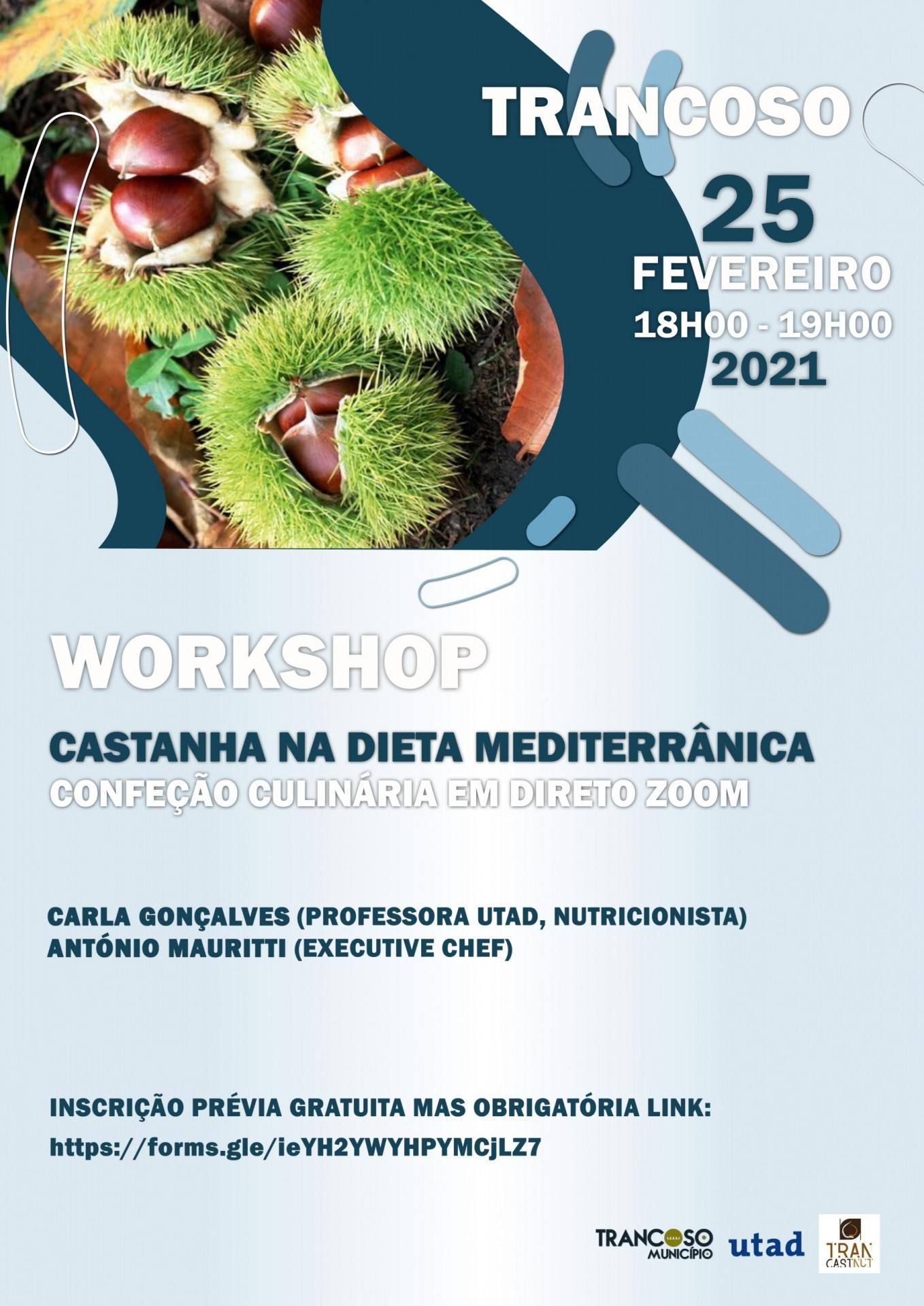 Cartaz de workshop sobre castanha na dieta mediterrânica, com imagem de castanhas abertas, agendado para 25 de fevereiro de 2021.
