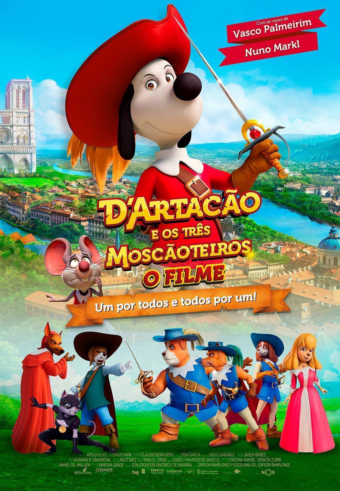 Pôster animado do filme D'Artação e os Três Mosqueteiros, com personagens em traje de época sobre paisagem de França.
