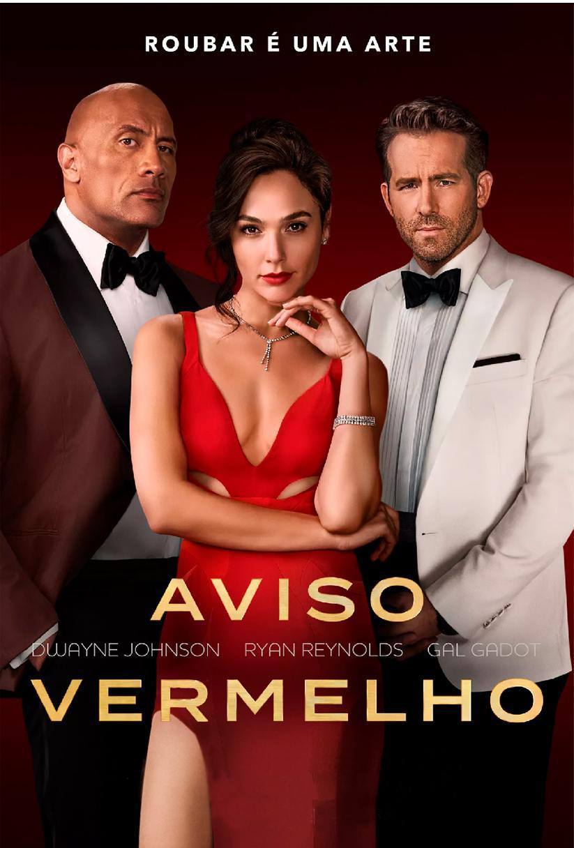 Três atores em traje formal contra fundo vermelho escuro, com texto em português 'Roubar é uma arte' e 'Aviso Vermelho'